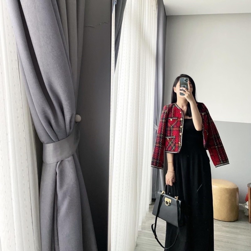 Áo Dạ Kẻ Đỏ Viền Trắng Hàng 2 Lớp Dày Dặn , Áo Dạ Tweed Có Ảnh Thật Kèm Video