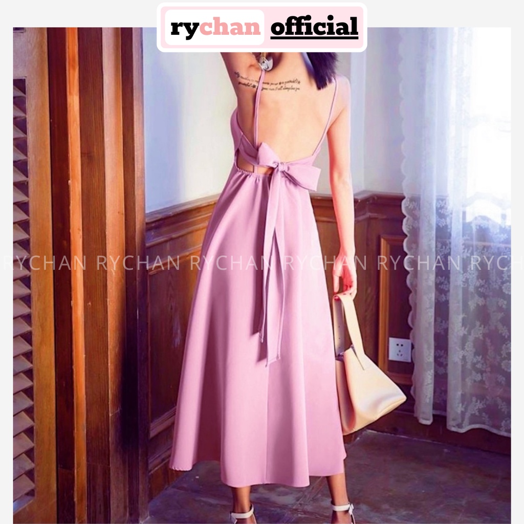 Đầm Nữ Đi Du Lịch Dáng Dài Xòe 2 Dây Nơ Sau Bo Eo Cực Tôn Dáng, Đầm Nữ Đi Biển Cực Chuộng Màu Hồng Không Sến - DX9874