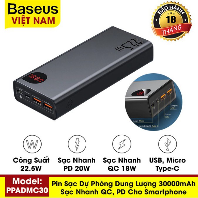 Pin sạc dự phòng Baseus dung lượng 30000mAh, sạc nhanh 22.5W công nghệ QC, PD cho iPhone, Samsung, Xiaomi, Huawei,...