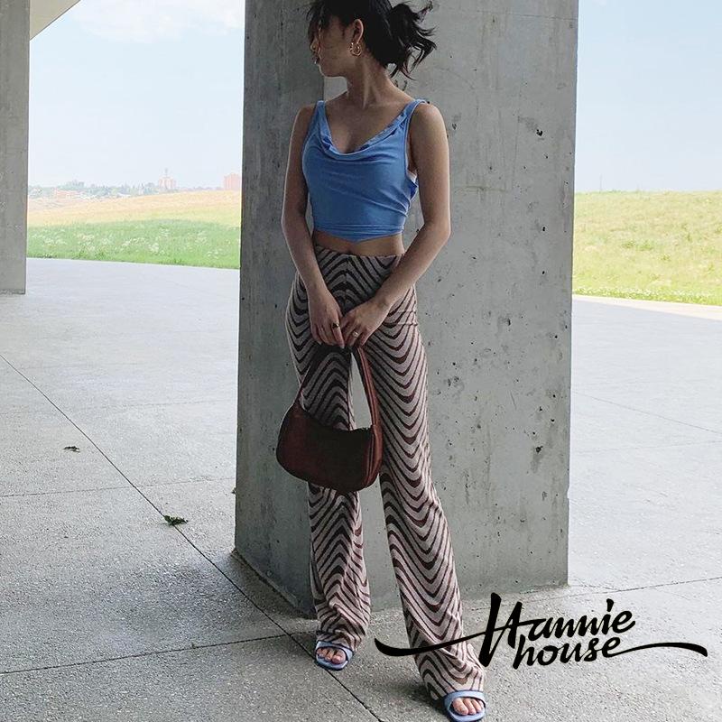 Quần ống loe lưng cao in họa tiết sọc gợn sóng màu nâu cho nữ