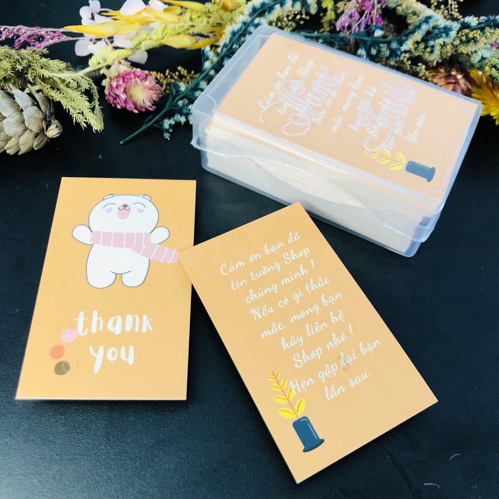 Hộp nhựa 100 thiệp cảm ơn, card cảm ơn, thank you card mẫu 50, 51.54 hình dễ thương dùng để tặng khách hàng