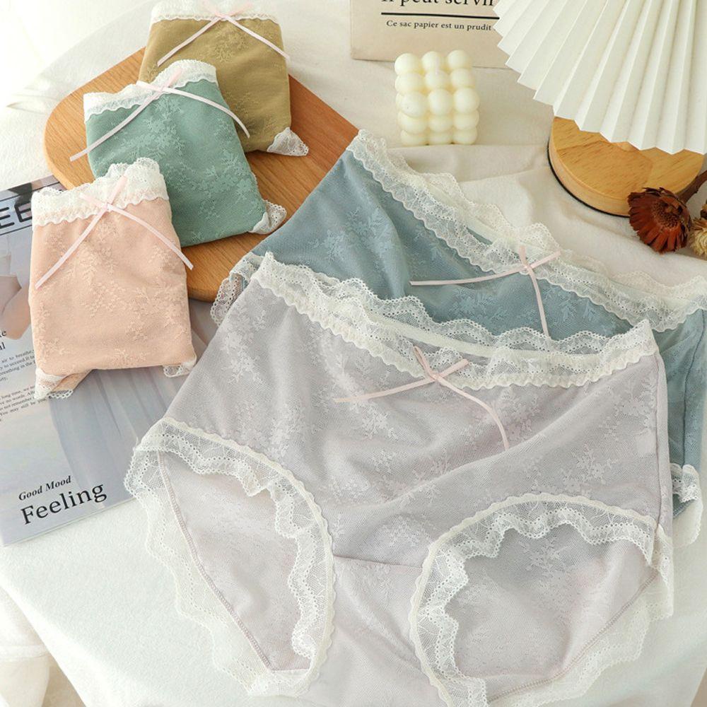 QQMALL Quần Lót Lưới Cotton Trong Suốt Lưng Vừa Đính Nơ Thanh Lịch Cho Nữ