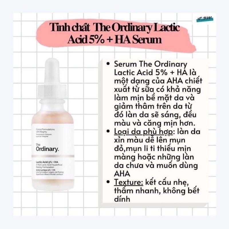 tinh chất thanh tảy da, cấp nước, làm sáng da Lactic Acid + HA The Ordinary