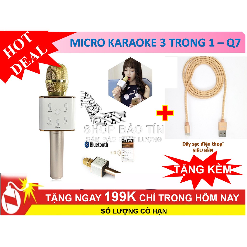 Micro karaoke Q7 tặng kèm dây sạc iphone 5.6.6s bọc vỏ dù siêu bền chống xoắn