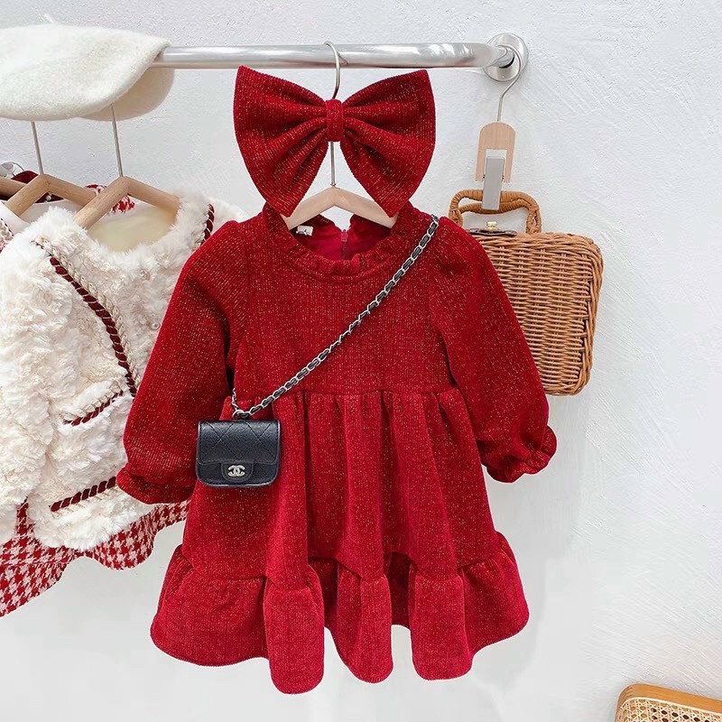 Váy cho bé, set váy nhung cho bé mặc Noel tặng kèm dây buộc tóc nơ đỏ siêu xinh 6216