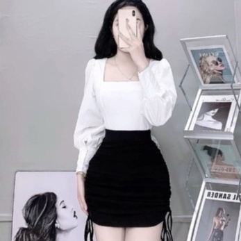 Sét áo cổ vuông tay dài kèm chân váy chữ a I090 dành cho nữ siêu trẻ trung và hợp thời trang cực kỳ sang chảnh