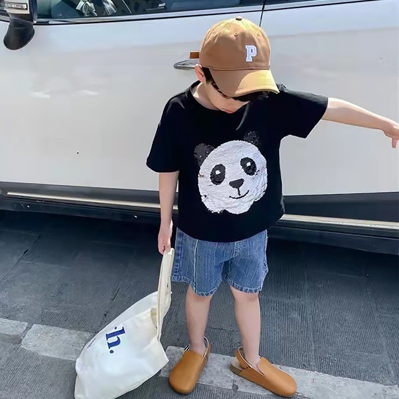 Áo Thun Thêu Hình Gấu Trúc Lật Hai Mặt Dễ Thương Cho Bé Trai