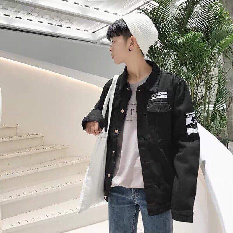 Áo bò, áo khoác jean nam chất vải DENIM  HUY HIỆU có đắp tay - màu đen [FREE SHIP]