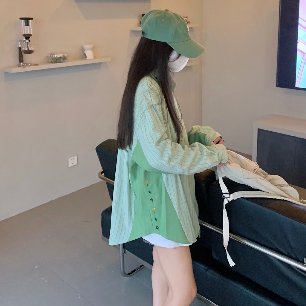 Áo Sơ Mi Nữ Dài Tay Cổ Bẻ Form Rộng Họa Tiết Sọc Vintage Thời Trang