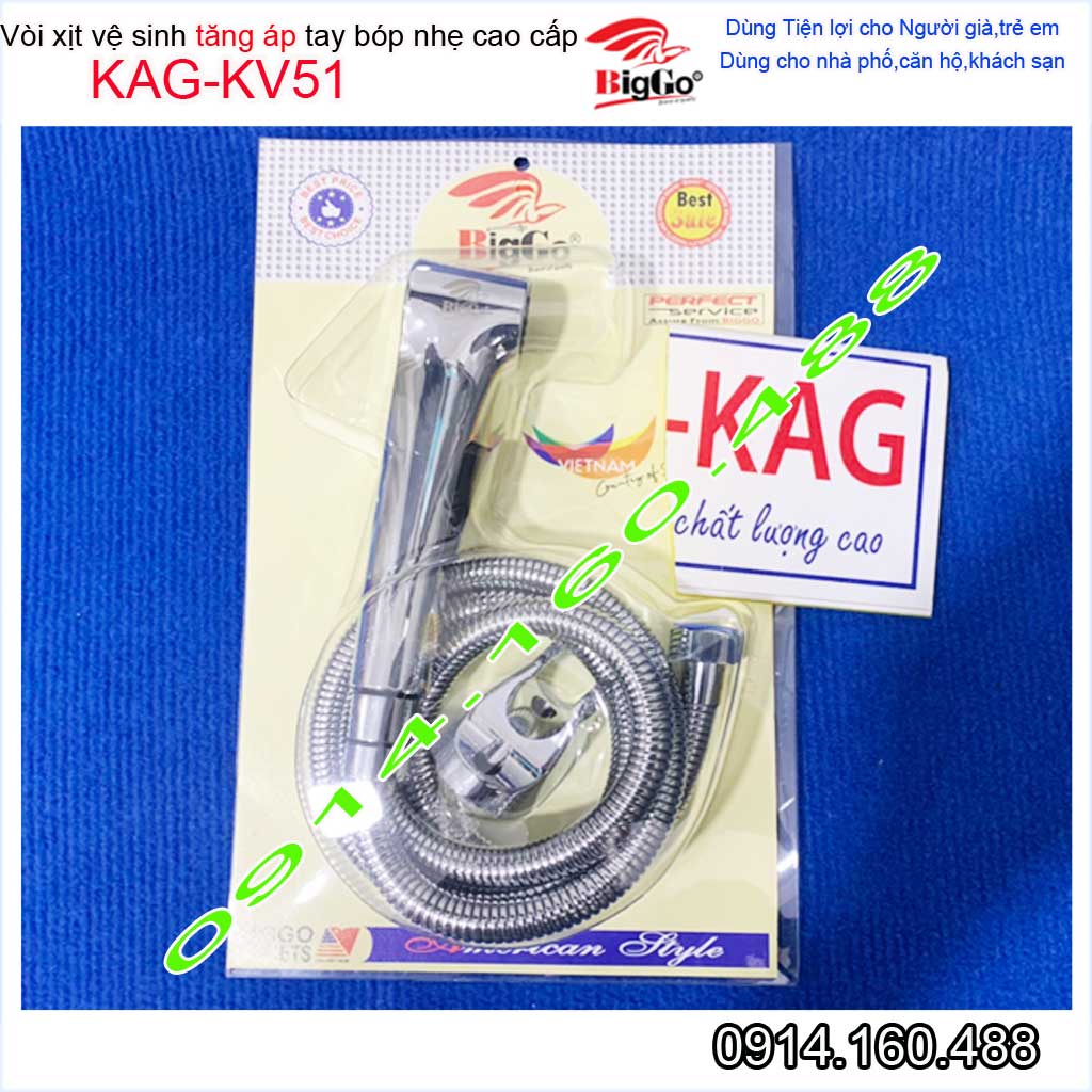 Vòi xịt vệ sinh ấn tay KAG-KV51, xịt rửa vệ sinh Biggo chrome bóng hand spray nhấn êm dùng cho trẻ em và người già