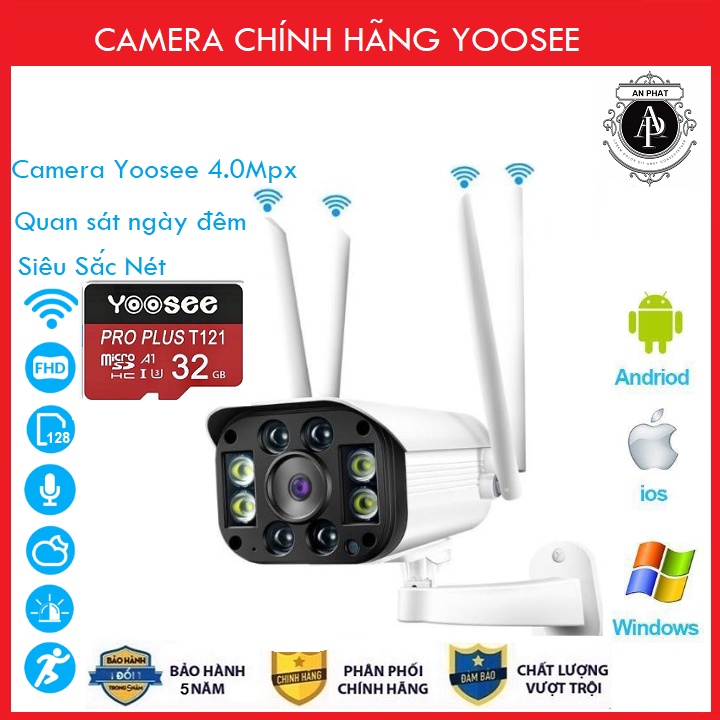 Camera Yoosee ngoài trời 4 Râu 8 Led 3.0Mpx Full HD Chuẩn 1296pixel Thẻ nhớ 32GB Yoosee Chuyên Dụng