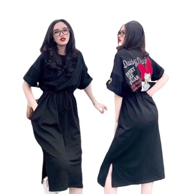 Đầm suông nữ cotton tàu - Váy suông buộc eo cổ tròn họa tiết hình vịt sang chảnh - CM Shop