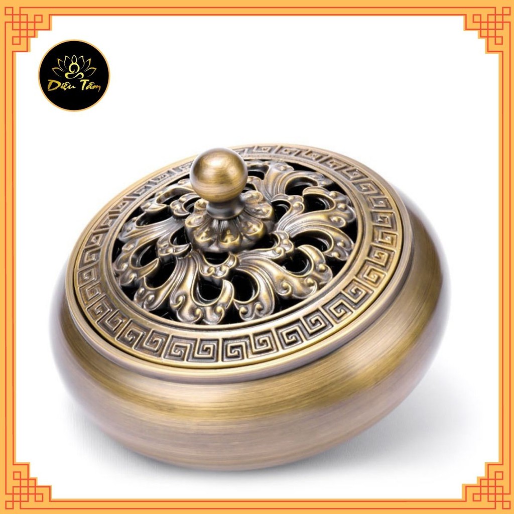 Lư đồng xông trầm hoạ tiết cổ điển đồng nguyên chất xông trầm điện tặng kèm nhang vòng/ nụ trầm