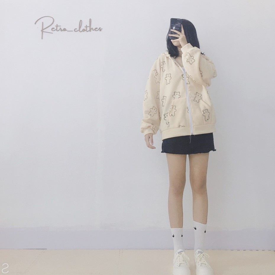 🍂 [Ảnh thật/Tự chụp] Áo khoác nỉ nữ hình gấu form rộng nỉ bông cute dễ thương màu be Hàn Quốc | BigBuy360 - bigbuy360.vn