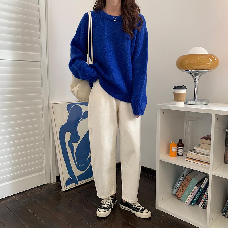 ♀♀Áo Sweater Dệt Kim Cổ Tròn Màu Trơn Dáng Rộng Thời Trang Thu Đông Phong Cách Hàn Quốc Cho Nữ