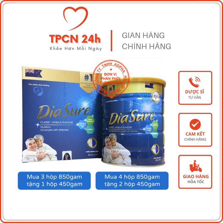 Sữa Tiểu Đường DiaSure 850g (HỘP 34 gói hoặc LON) - Dinh dưỡng dành cho người tiểu đường
