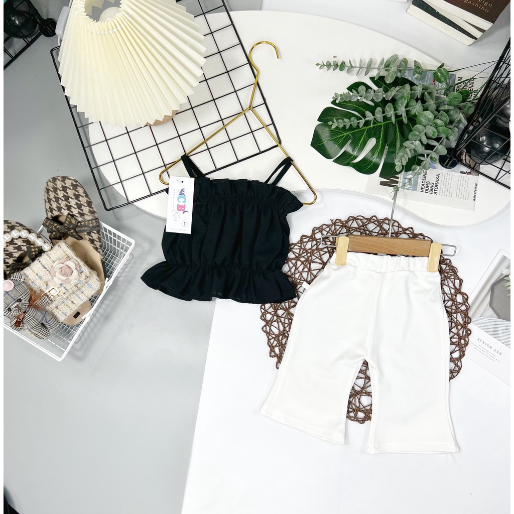 Bộ 2 dây kèm quần loe bé gái, set áo 2 dây chun hàn phối quần lửng loe tôn dáng cho bé
