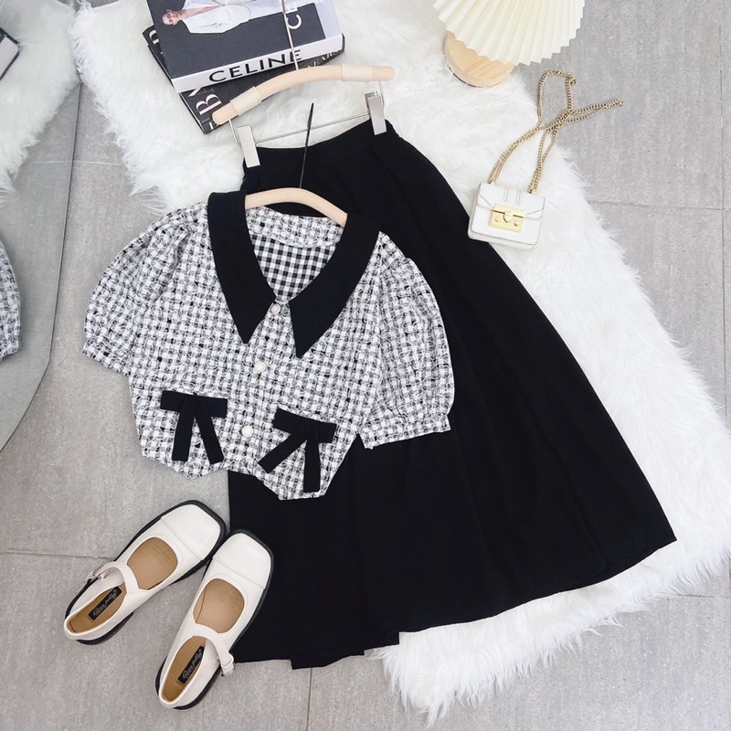 SET ÁO DẠ CARO CỔ VIỀN ĐEN THẮT NƠ TÚI + CHÂN VÁY MIDI ĐEN