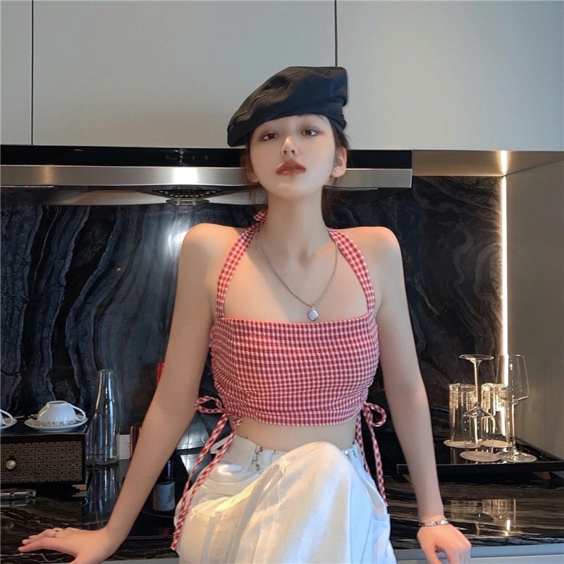 Áo croptop nữ kiểu cột nơ rút dây 2 bên vải kate ca rô siêu hót