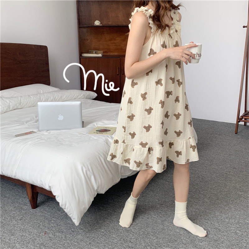 VÁY NGỦ 2 DÂY MẶC NHÀ HOẠ TIẾT GẤU CUTE MIE LOVE | BigBuy360 - bigbuy360.vn