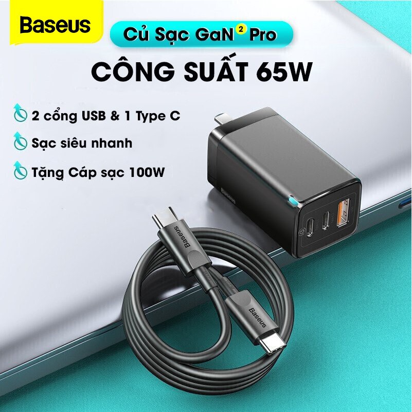 Củ sạc, Cốc sạc nhanh Baseus 65W GaN 2 Pro - Smartphone/ Tablet/ iPad/ Macbook/ Laptop (Type Cx2 + USB, PD3.0/ PPS/ QC4)