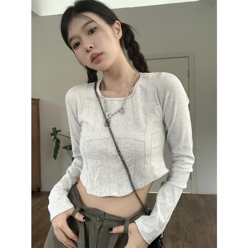 Áo Croptop Tay Dài Hoạ Tiết Hình Xương Cá Thiết Kế Độc Đáo