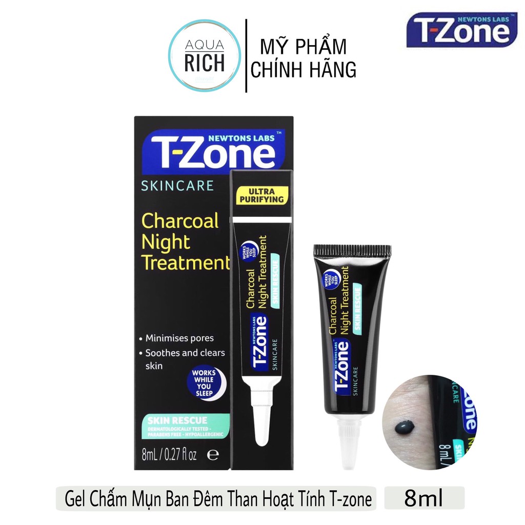 Gel Chấm Mụn Ban Đêm Than Hoạt Tính T-Zone 8ml Skincare Charcoal Night Treatment