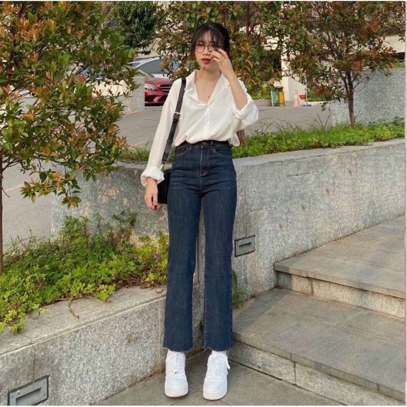 Quần jeans nữ ống đứng cạp cao túi đậm nhạt đen co giãn kiểu dáng Hàn Quốc