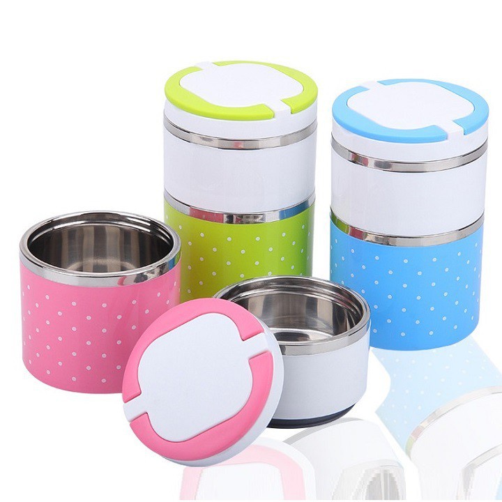 Hộp cơm giữ nhiệt 2 tầng chấm bi ruột inox Cao Cấp-camen 2 tầng chấm bi