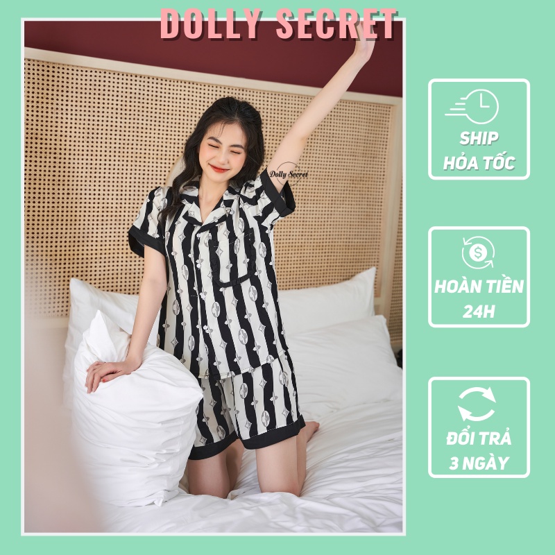 Bộ quần áo mặc nhà Pijama lụa mango họa tiết kẻ sọc đen trắng cá tính DOLLY SECRET CC05