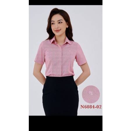 áo sơ mi nữ Thái Hòa kiểu giấu nút mã 6084 sọc caro hồng