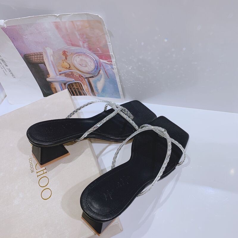 Dép nữ 5 phân cao gót đế vuông quai chéo đính đá Thiên Hương VNXK BP51L118 Guốc cao gót sandal 5p 3 màu trắng đen kem