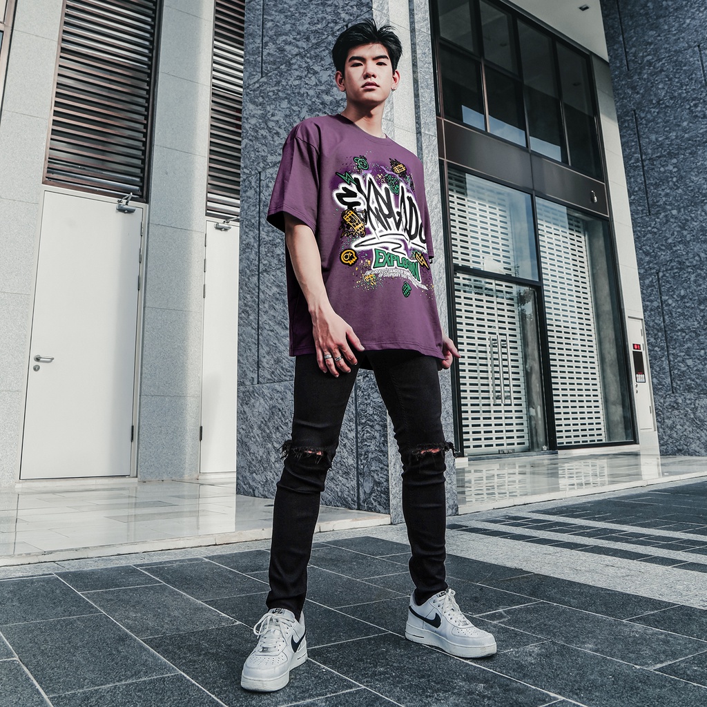 Áo Thun Explode Màu Tím In Hình Chất Liệu 100% Cotton Thoáng Mát Form Rộng Thoải Mái