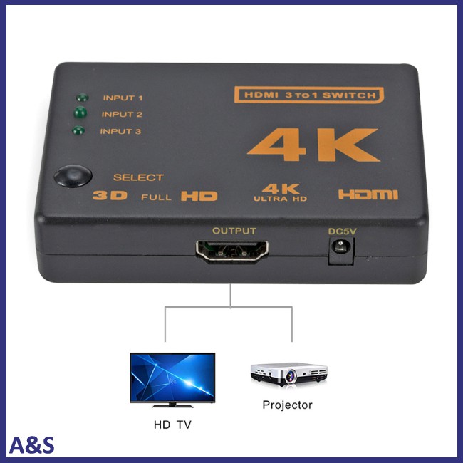 3 Port HDMI Splitter Switcher 3 In 1 Out Hub Box +Remote Auto Switch 1080P HD