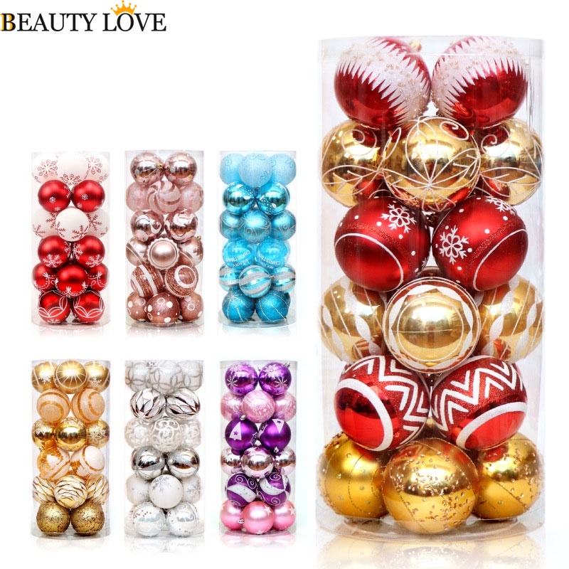 Hộp 24 Quả Cầu Tuyết Bằng Nhựa 6cm Màu Sắc Tươi Sáng Trang Trí Cây Thông Giáng Sinh / Năm Mới