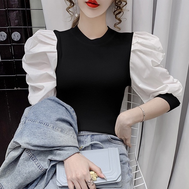 【ZHELIHANGFEI】 / Áo Thun Dệt Kim Tay Ngắn Phồng Cổ Tròn Phong Cách Hoàng Gia Mùa Xuân Mới Cho Nữ