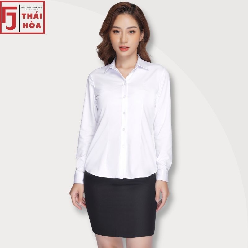 Áo sơ mi nữ trắng Thái Hoà công sở dài tay đi học kiểu bigsize cotton 047-01-01