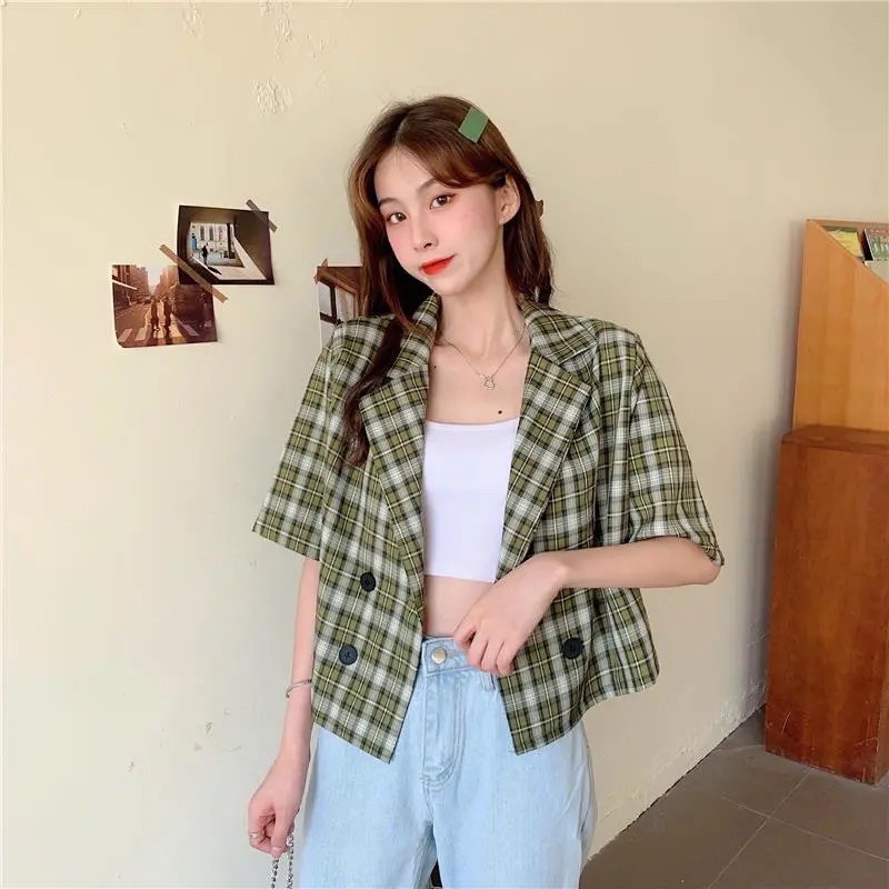 Áo sơ mi cổ vest dáng croptop kẻ sọc to cúc kép siêu xinh phong cách Ulzzang - 803