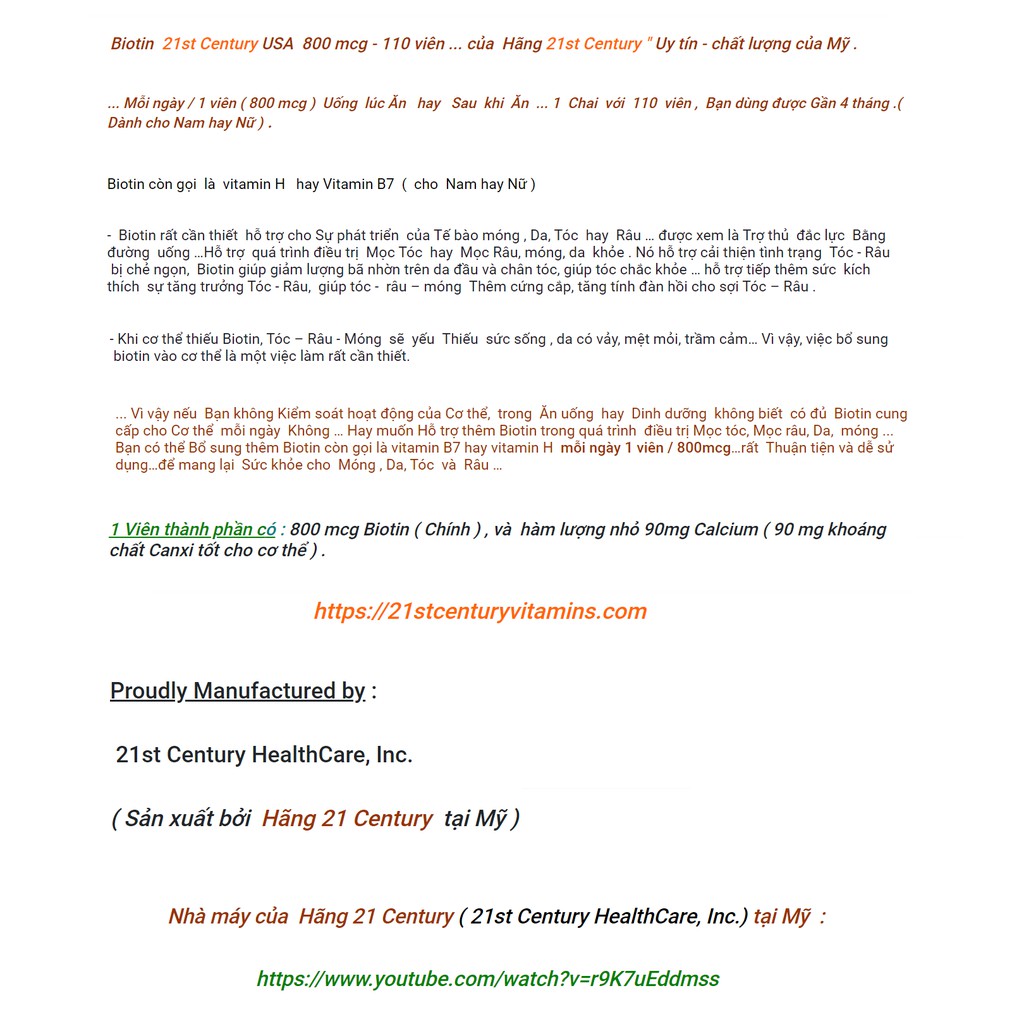 Vitamin H ( B7 )  21st Century USA  Bổ Sung dưỡng chất cho Tóc , Da , móng , râu ... 110 Viên / 1 Lọ với Date : 2023 . | Thế Giới Skin Care