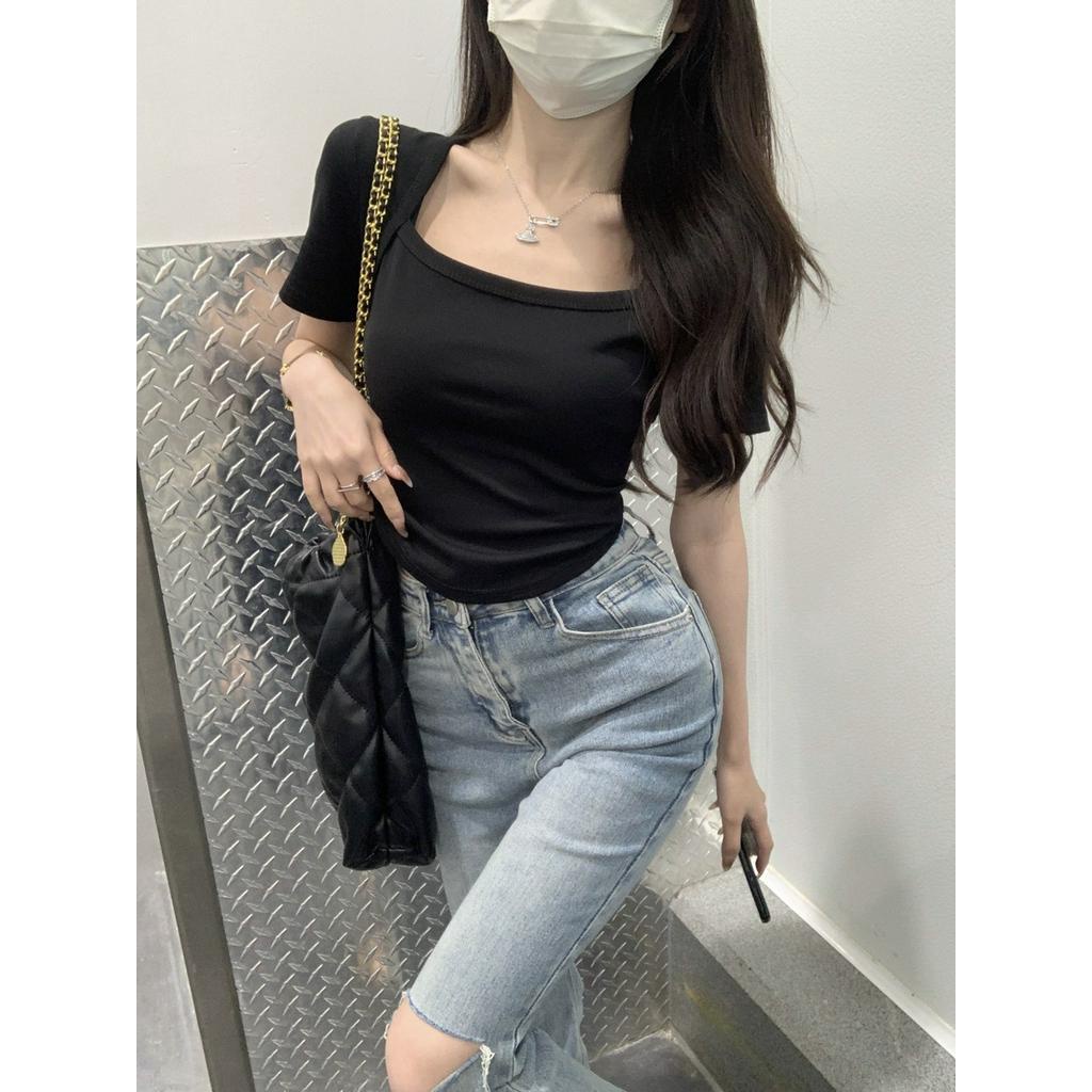 Áo Thun Cotton Cổ Vuông Ngắn Tay Dáng Ôm Thời Trang Cho Nữ 62661