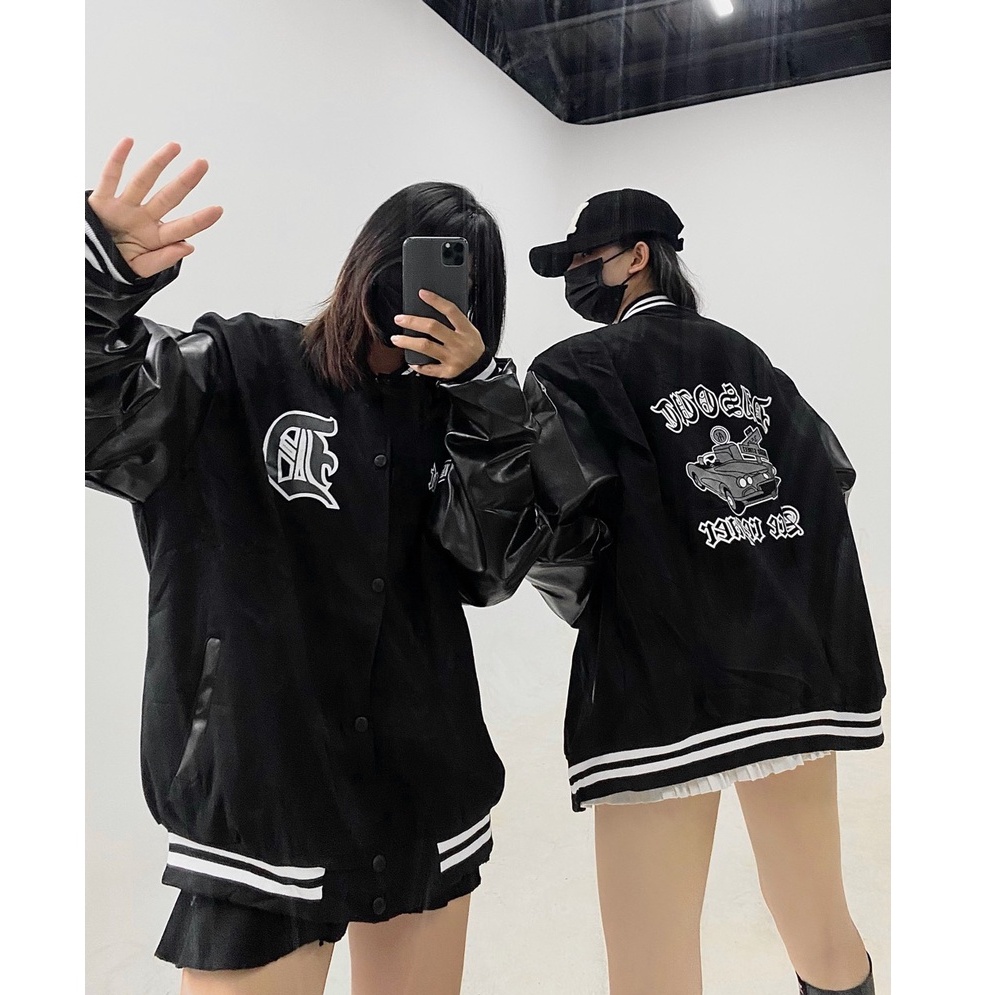 Áo khoác Varsity Bomber Jacket đen tay da Hottrend mới nhất mùa đông 2022 GU22VN