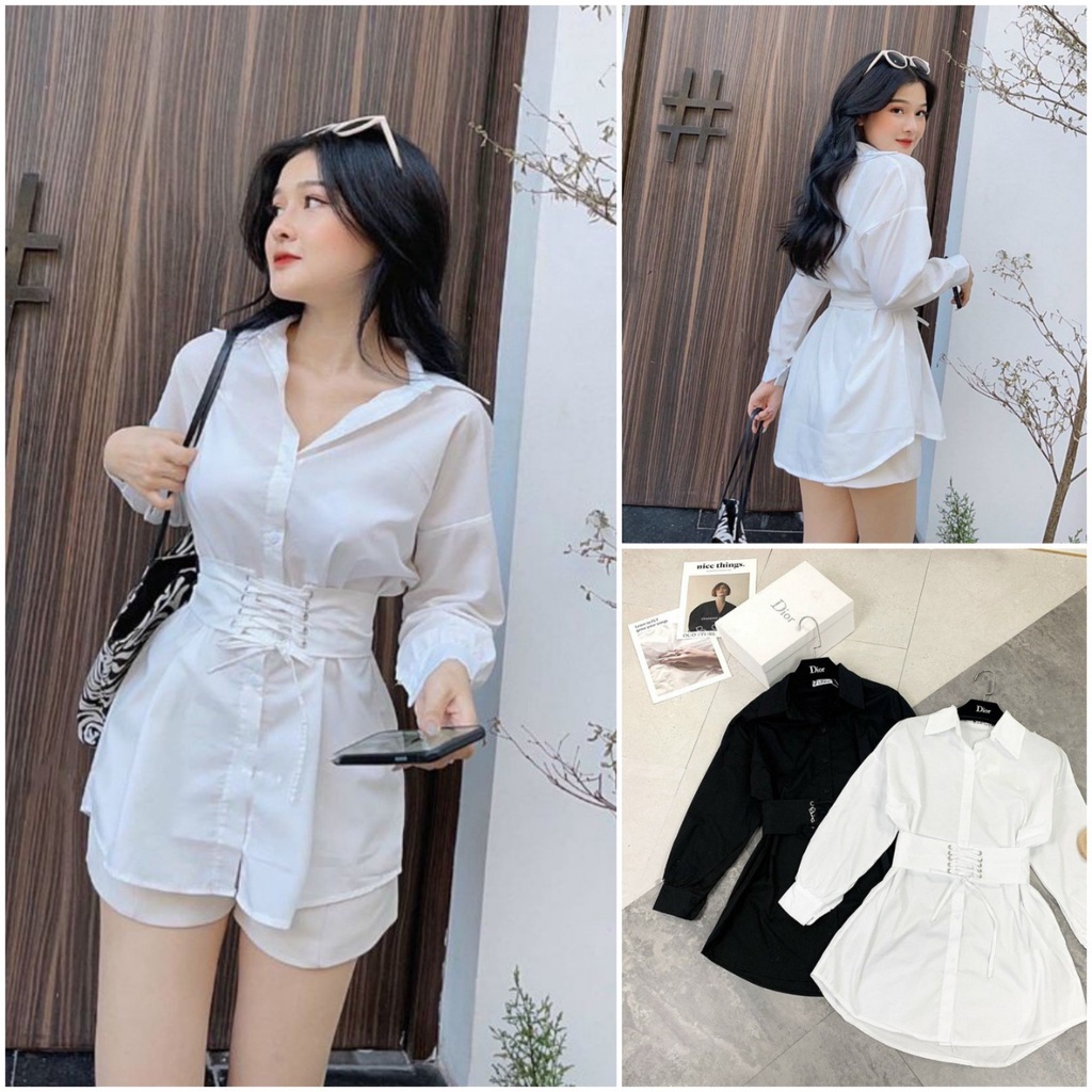 Set đồ nữ sang chảnh cá tính mix áo sơ mi kèm đai bản to lồng dây và quần đùi