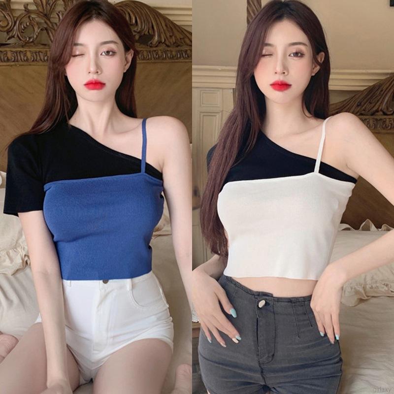Áo Croptop Dệt Kim Tay Ngắn Màu Tương Phản Phong Cách Hàn Quốc