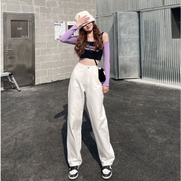 Quần Jean nữ Ống Rộng MELLIXI Màu Trắng Kem Ulzzang Unisex mặc lên cực tôn dáng M008
