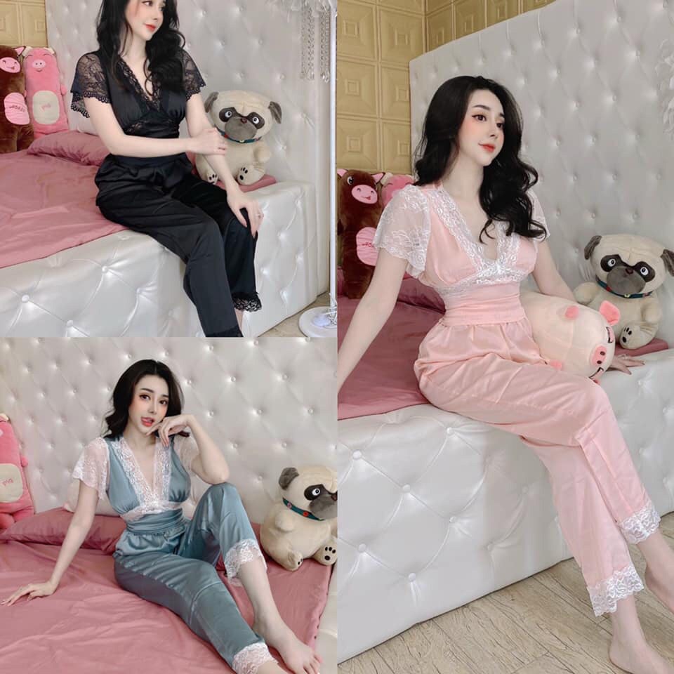 Set đồ ngủ mặc nhà, set phi lụa phối ren sexy, đồ bộ mặc nhà satin phối ren cao cấp