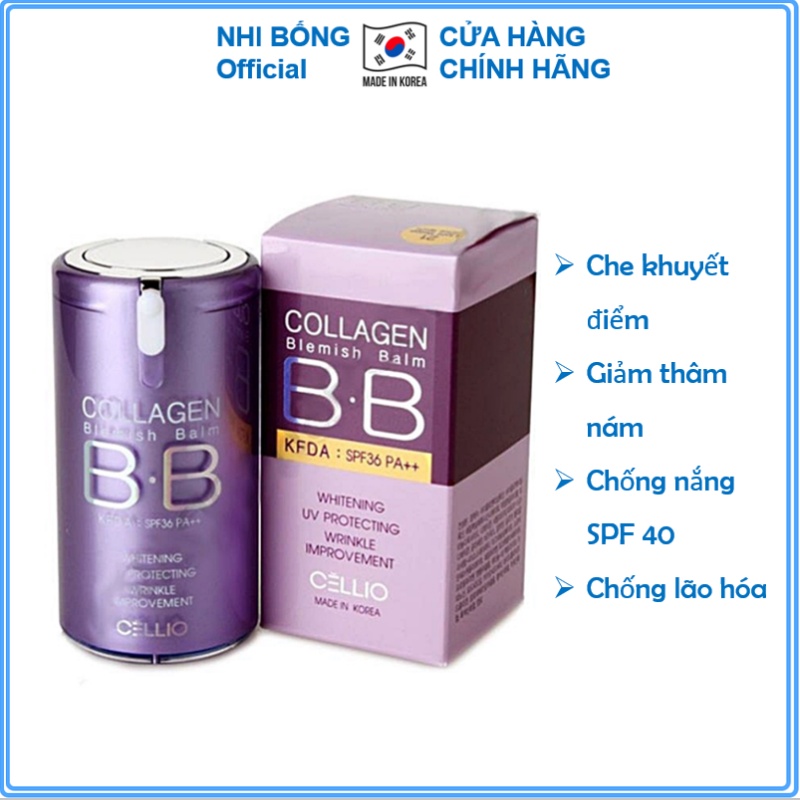 Kem nền trang điểm chống nắng BB Cream Collagen Cellio SPF 40 PA++Hàn Quốc giúp da trắng sáng mịn màng