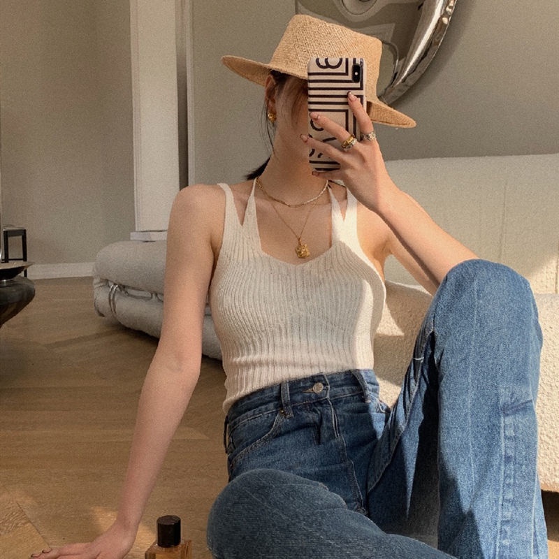 Áo Hai Dây Dệt Kim Dáng Ôm Màu Trơn Thời Trang Dành Cho Nữ