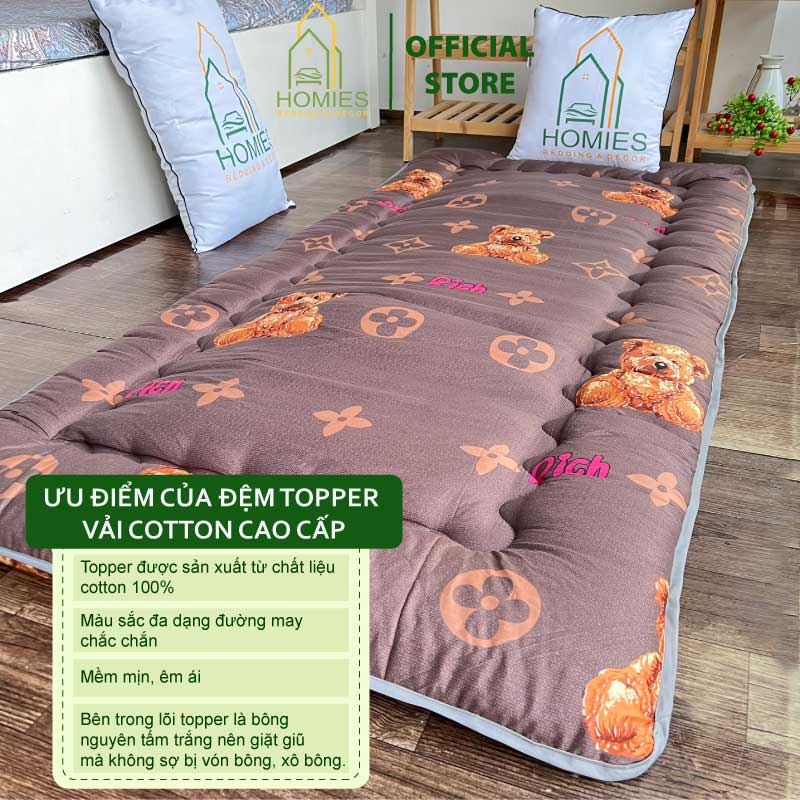 Kèm Túi Đựng - Topper Nệm Bông Xuất Nhật HOMIES Bedding & Décor cao cấp , Đệm Topper Gấu Nâu, Tấm làm mềm đệm cot