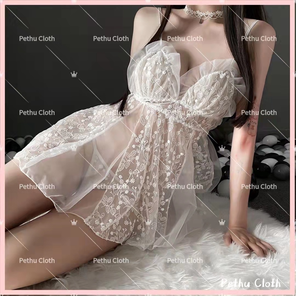 （Q1,HCM）Sexy Đồ NgủĐầm ngủ nữ quyến rũ gợi cảm ren 2 dây  thoáng mát+quần lót---Freesize 45-65kg---019