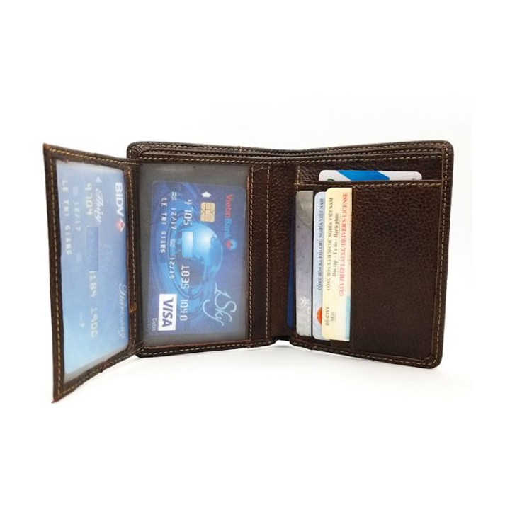 Ví nam da bò dáng đứng, CKV.858 Ví đựng thẻ tiền nam nhiều ngăn có khóa kéo màu nâu